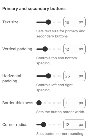 Theme settings — Buttons — Primary and secondary button size, padding, border, and corner radius