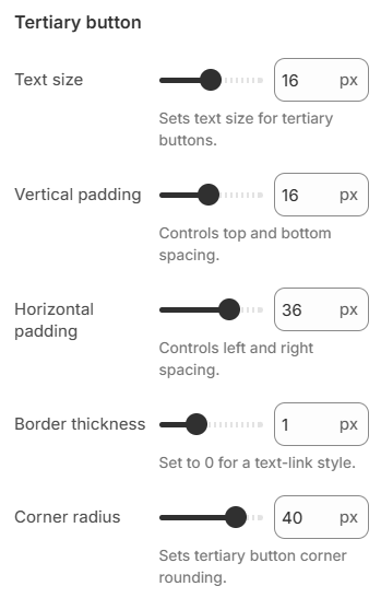Theme settings — Buttons — Tertiary button size, padding, border, and corner radius