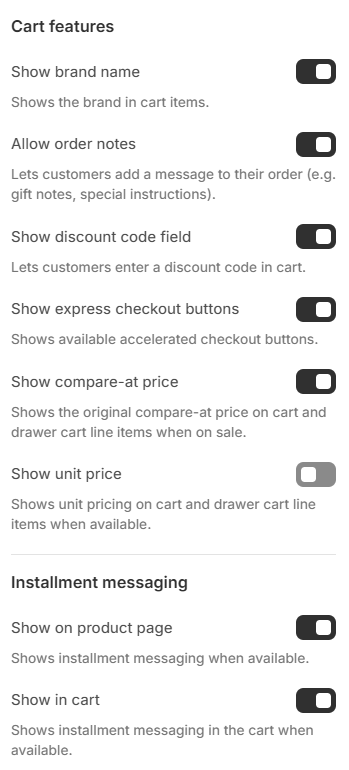 Cart page — Cart features and installment messaging