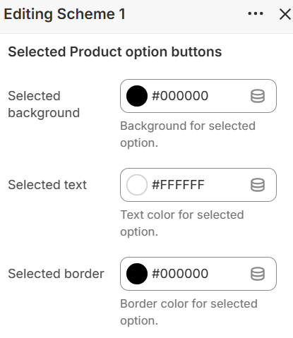 Color scheme editor — Selected product option buttons