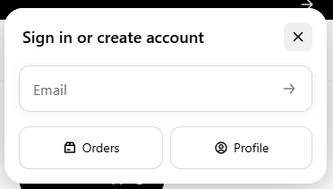 Sign in or create account panel with email field and Orders and Profile buttons