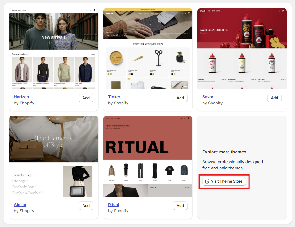 Shopify admin Add theme screen with Visit Theme Store button highlighted