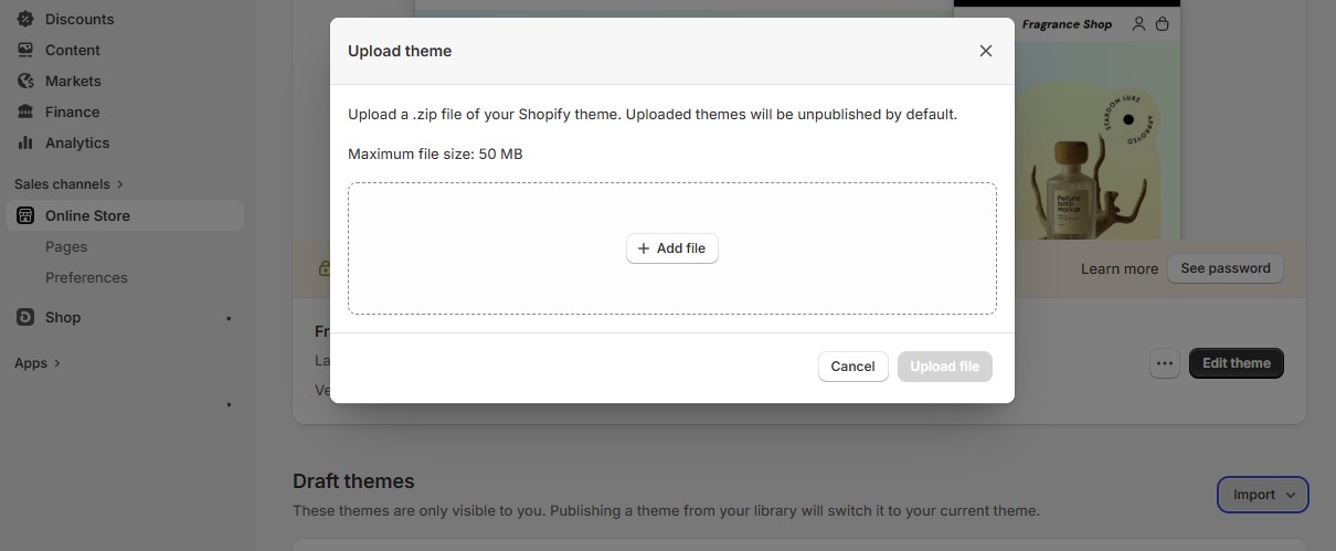 Shopify admin Upload theme dialog for adding a theme ZIP file