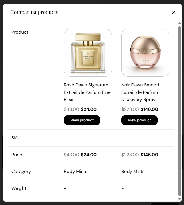 Compare modal with product rows