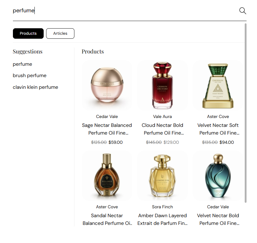 Predictive search dropdown showing suggestions and product results for perfume