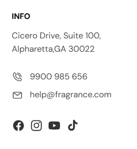 Footer info block with address, phone, email, and social icons