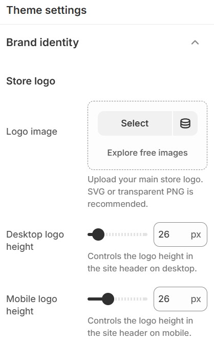Theme settings — Brand identity — Store logo, desktop logo height, and mobile logo height