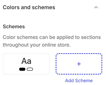 Theme settings — Colors and schemes — Schemes with Scheme 1 and Add Scheme