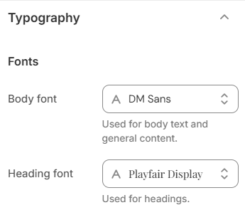 Theme settings — Typography — Body font and Heading font