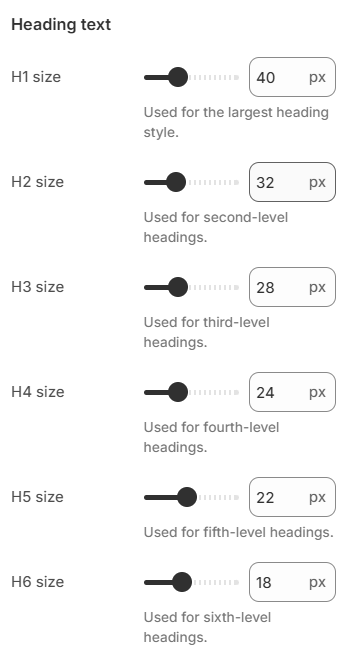 Theme settings — Typography — H1 through H6 sizes