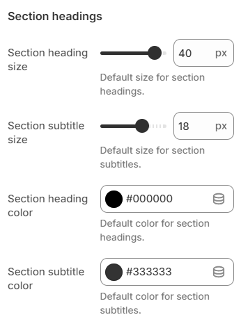 Theme settings — Typography — Section heading and subtitle sizes and colors
